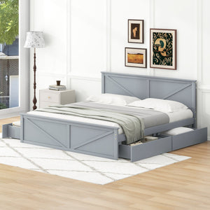 English Elm King Solid Wood Platform Bed with 4 Under-Drawers, Gray King Size Frame, Sturdy Slats, 500lb Capacity SM000537AAE