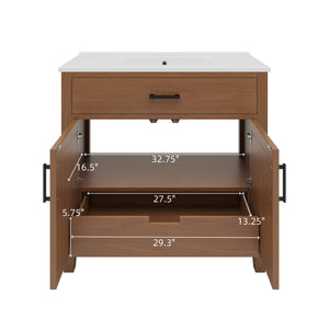 English Elm Christopher Knight Home® - 36" Rattan Bathroom Vanity with Ceramic Sink and Soft-Close Drawers, Handwoven Door Texture, Solid Wood Legs, Spacious Storage Elegance Brown N817P271077B
