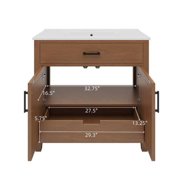 English Elm Christopher Knight Home® - 36" Rattan Bathroom Vanity with Ceramic Sink and Soft-Close Drawers, Handwoven Door Texture, Solid Wood Legs, Spacious Storage Elegance Brown N817P271077B