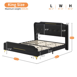 English Elm Christopher Knight Home® - King PU Leather Bed Frame with Wingback Headboard & Footboard, Gold Accents, Platform Slat Support, Elegant Design Black 77.5 L x 21 W x 5.25 H N761S0000012B