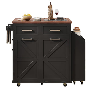 English Elm K&K 47.2" Farmhouse Kitchen Island with Drop Leaf, Removable Side Shelf, Trash Cabinet, Wheels Black N707P307296B