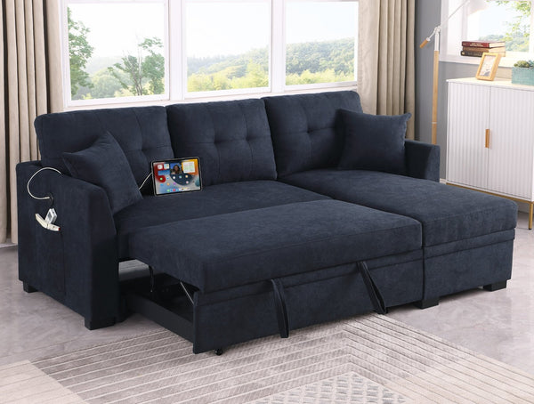 English Elm Sectional Sofa Bed - L-Shaped Velvet Couch With Usb Port, Storage Chaise & Pull-Out Trundle Bed B205S00006-GIGA