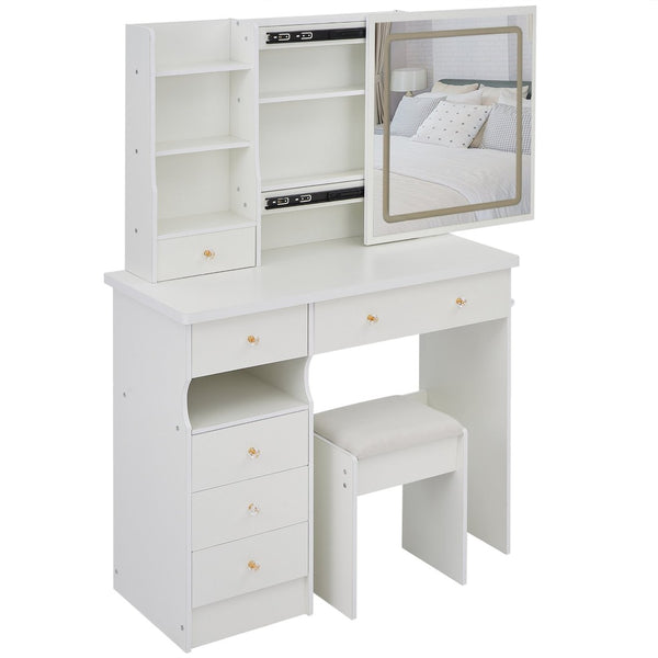 English Elm 37" Vanity Table Set with Led Mirror Stool Built-in Outlets and Hair Dryer Storage White W3258P448842
