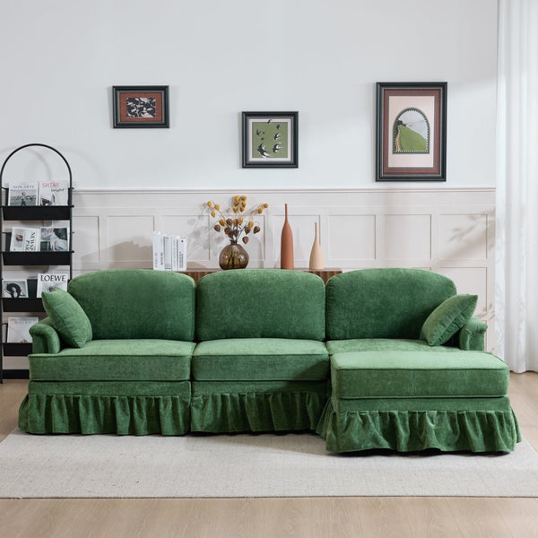 English Elm 103.15'' Chenille L-shaped Sectional Sofa with Detachable Pleated Skirt and Ottoman Green W3612S00046