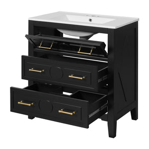 English Elm 60'' Elegant Black Bathroom Vanity Set With Ceramic Sink, 6 Drawers, Solid Wood Frame & Storage N710SS00003B