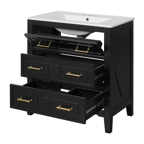 English Elm 60'' Elegant Black Bathroom Vanity Set With Ceramic Sink, 6 Drawers, Solid Wood Frame & Storage N710SS00003B