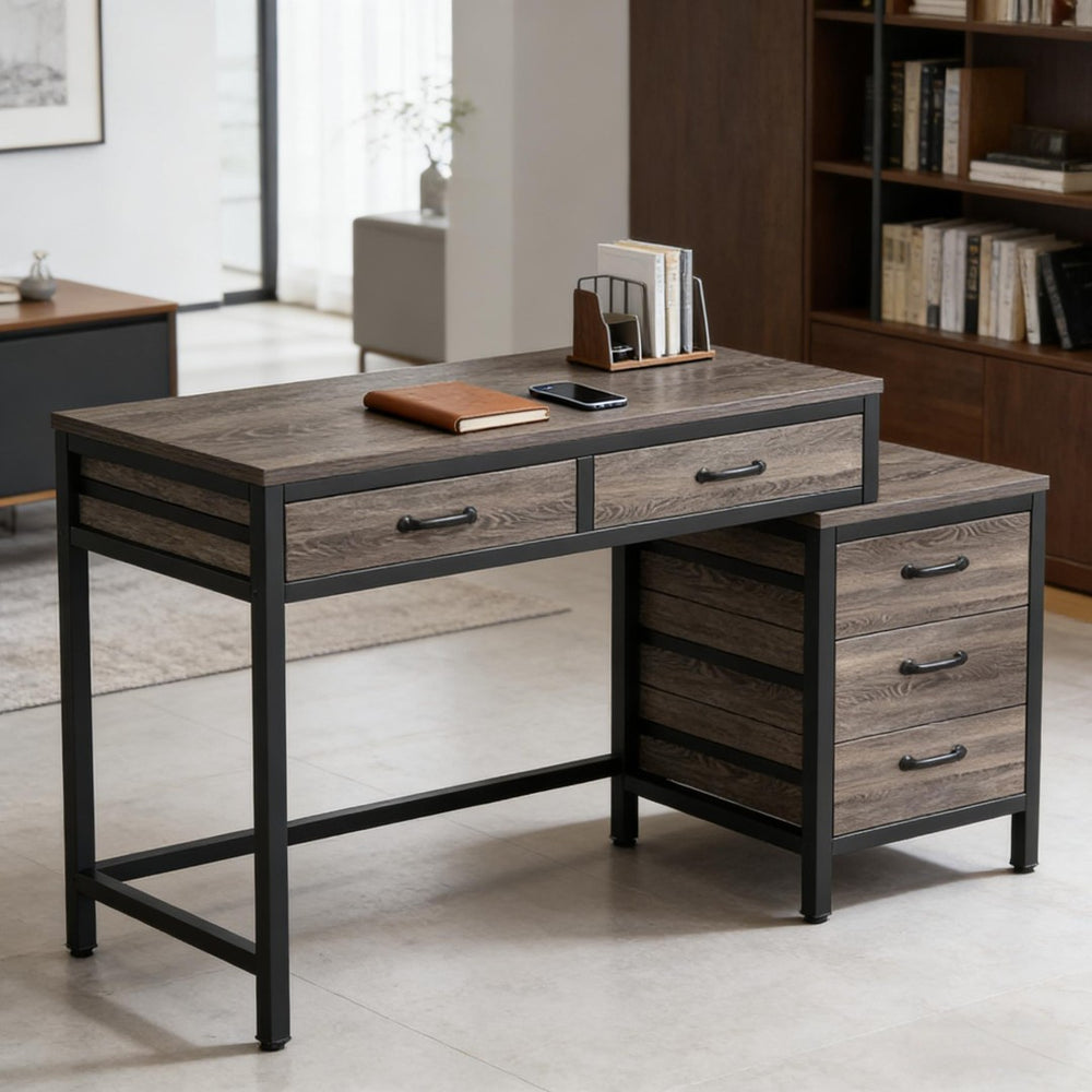 English Elm Office Writing Desk with 5 Drawers Industrial Wood and Black Metal Frame T3971P450665