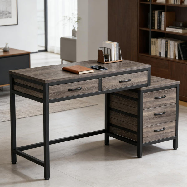 English Elm Office Writing Desk with 5 Drawers Industrial Wood and Black Metal Frame T3971P450665