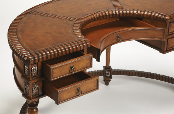 Butler Specialty Geneva Elegant Demilune Executive Desk With Hand-carved Details And Leather Top, 5 Drawers Dark Brown Wood Solids,Wood Veneers,Leather,Resin 714090-butler