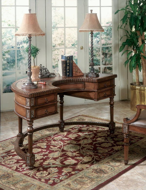 Butler Specialty Geneva Elegant Demilune Executive Desk With Hand-carved Details And Leather Top, 5 Drawers Dark Brown Wood Solids,Wood Veneers,Leather,Resin 714090-butler