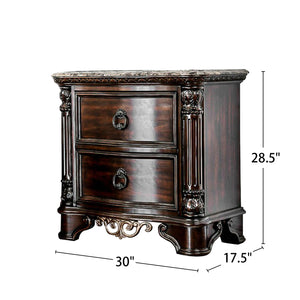 English Elm Genuine Marble Top Nightstand with 2 Drawers, Brown Cherry — Carved Rope Trim, Antique Bronze Pulls B016P251479