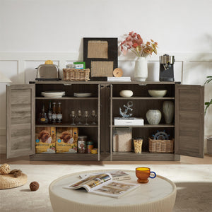 English Elm 65-Inch Slate Gray 3D Faux Rattan Sideboard with Barn-Style Doors, Magnetic Closure & Adjustable Shelves Stone Gray W2702P184395