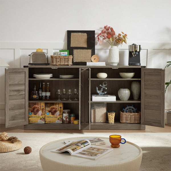 English Elm 65-Inch Slate Gray 3D Faux Rattan Sideboard with Barn-Style Doors, Magnetic Closure & Adjustable Shelves Stone Gray W2702P184395