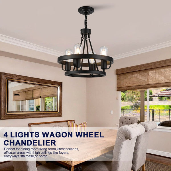 English Elm Four-light Wagon Wheel Pendant Matte Black Metal Industrial Plug-in Dining Fixture W2991P407027