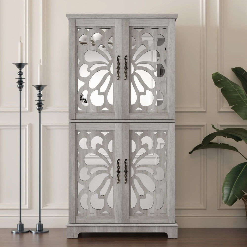 English Elm 67.4"h Mirrored Corner Cabinet Carved Butterfly Doors Adjustable Shelves Entryway Storage Light Gray W2899P374348
