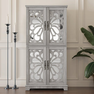English Elm 67.4"h Mirrored Corner Cabinet Carved Butterfly Doors Adjustable Shelves Entryway Storage Light Gray W2899P374348