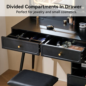 English Elm Modern Makeup Vanity Desk with LED 3-Color Mirror, Built-In Power Station, Sliding Cabinet, Stool Black N844P288432B