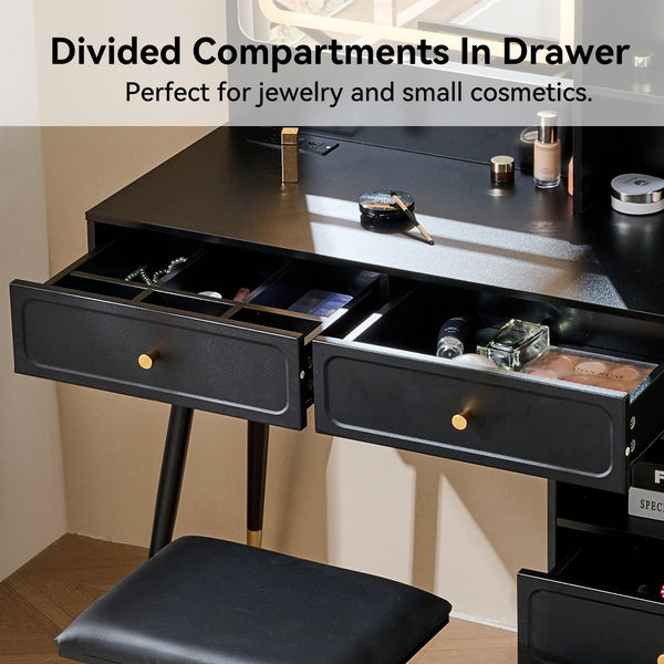English Elm Modern Makeup Vanity Desk with LED 3-Color Mirror, Built-In Power Station, Sliding Cabinet, Stool Black N844P288432B