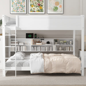 English Elm Queen Over Bunk Bed Solid Pine Cabin Frame with Storage and Usb Charging White GX000399AAK