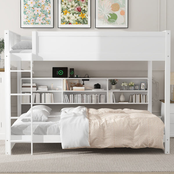 English Elm Queen Over Bunk Bed Solid Pine Cabin Frame with Storage and Usb Charging White GX000399AAK