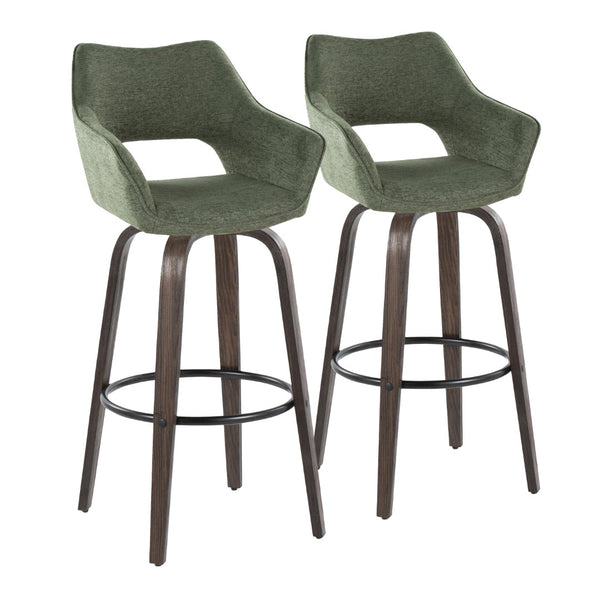 English Elm 30" Swivel Barstools Bentwood Walnut Legs Green Upholstery Cut-out Back Set of 2 B202S00629