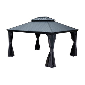 English Elm 10x12ft Lean to Hardtop Gazebo Wall Mounted Steel Roof Shelter for Deck Patio W1859S00182