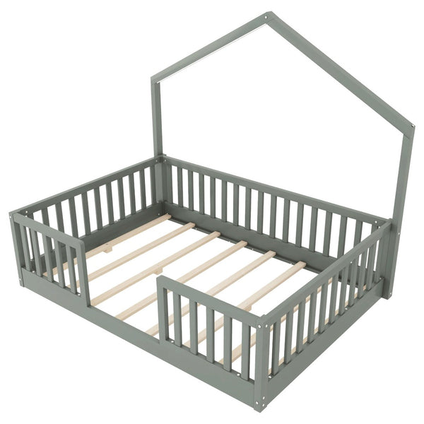 English Elm Twin Montessori Floor Bed House Frame with Led Lighting and Safety Rails for Kids Grey W2593P440606