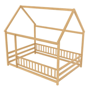 English Elm Twin Pine House Frame Floor Bed with Peaked Roof and Fence Guardrails for Kids Natural W1858P389982