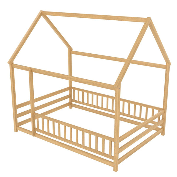 English Elm Twin Pine House Frame Floor Bed with Peaked Roof and Fence Guardrails for Kids Natural W1858P389982