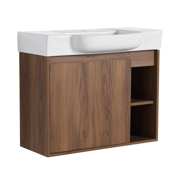 English Elm 28'' 28" Wall-Mounted Bathroom Vanity with White Ceramic Sink, Soft-Close Door, Open Shelves, KD-Pack W999P263409