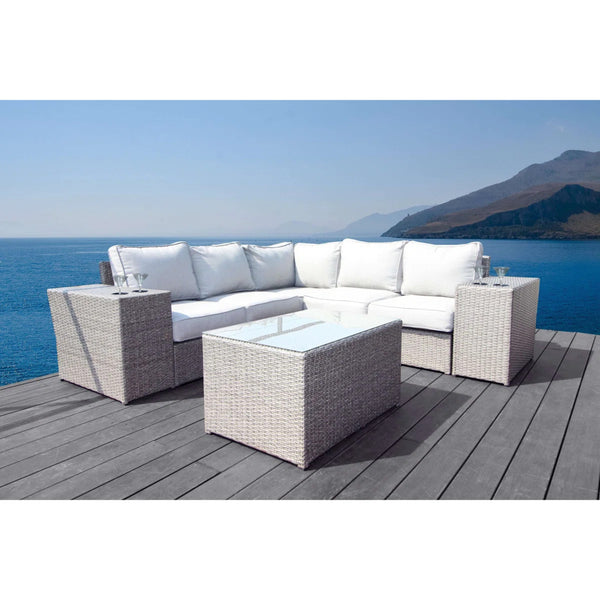 English Elm Pre-Assembled Outdoor Wicker Sofa Set — 6-Piece Modular Sectional with Tempered Glass Coffee Table, UV-Resistant Cushions Grey Mix B120S00197