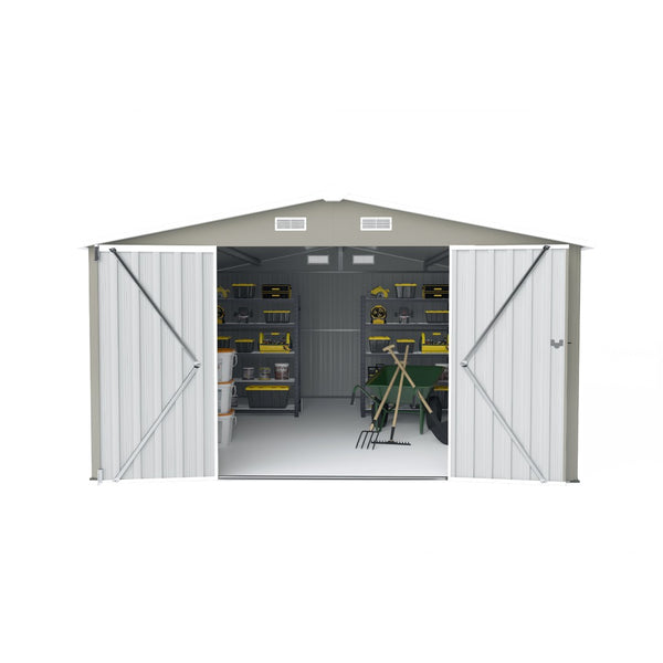 English Elm Campcraft Galvanized Steel Outdoor Storage Shed with Lockable Doors and Four Air Vents Light Gray W1598S00023