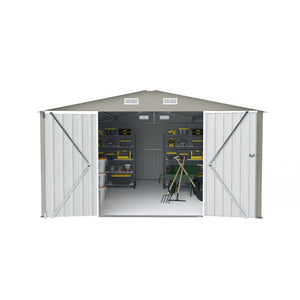 English Elm Campcraft Metal Storage Shed 10x14 Ft with Lockable Doors Vented Sloped Roof Backyard Light Gray W1598S00050
