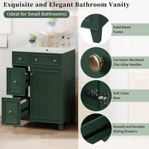 English Elm 24" Forest Green Bathroom Vanity Cabinet with Ceramic Sink, Soft-Close Door, 2 Drawers, Open-Back Access for Easy Plumbing and Durable Solid-Wood Frame N729P264336G