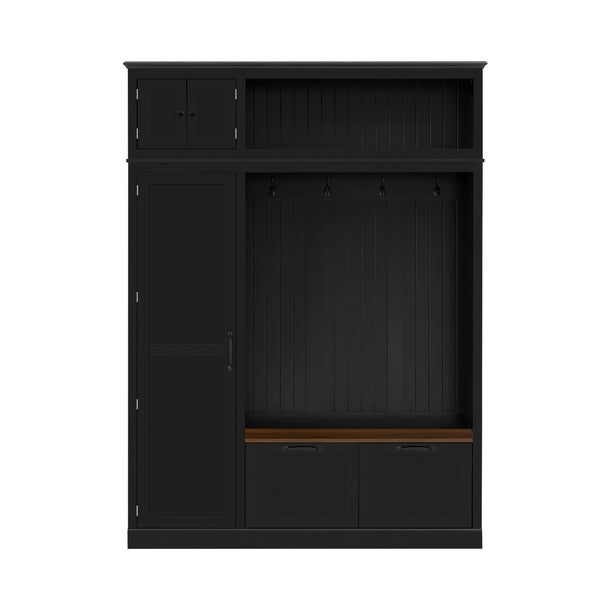 English Elm 3-in-1 Entryway Hall Tree with Cabinet Hooks Bench Drawers and Adjustable Shelving Black SJ000160AAB