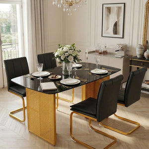 English Elm Modern-style Marble Glass Dining Table Seats Six with Sleek Black Metal Legs W5123P397514