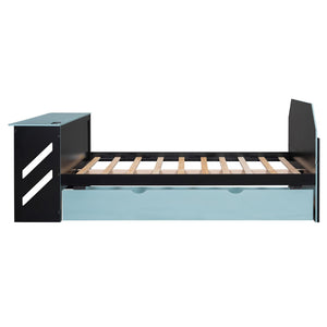 English Elm Full Size Wood Daybed with Twin Trundle Desk and Usb Charging for Teen Rooms Blue LT000262AAC