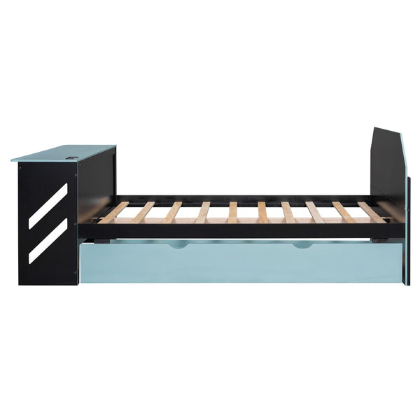 English Elm Full Size Wood Daybed with Twin Trundle Desk and Usb Charging for Teen Rooms Blue LT000262AAC