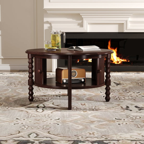 English Elm Vintage Round Coffee Table With Hidden Storage - Mid Century Modern Accent Table For Small Spaces N735P277387D-GIGA