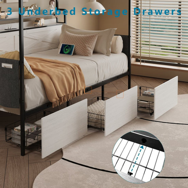 English Elm Twin Metal Daybed with Pull Out Trundle Guardrails Led Lights and Built in Charging W5026P404187