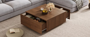 English Elm 33.25" Square Storage Coffee Table Four Drawer Matte Mdf Living Room Centerpiece Walnut N735P422508D