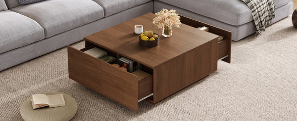 English Elm 33.25" Square Storage Coffee Table Four Drawer Matte Mdf Living Room Centerpiece Walnut N735P422508D