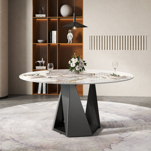 English Elm 59.05" Round Marble Dining Table With Sturdy Black Iron Base For 6-8 People - Modern Elegance W1535S00467