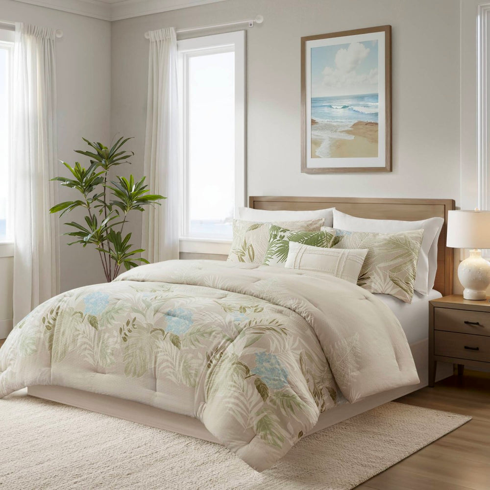 English Elm 6-piece Cotton Dobby Full Comforter Set Tropical Coastal Embroidered Pillow Accents B035P463267
