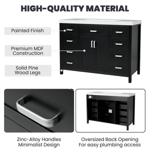 English Elm Christopher Knight Home® - 48" Bathroom Vanity with Sink Combo | 2 Doors 8 Soft-Close Drawers, Resin Top, Pine Legs Black N759S337621B