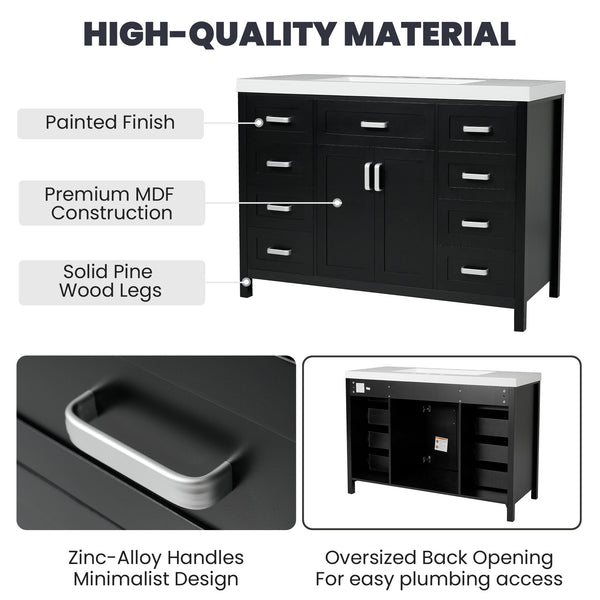 English Elm Christopher Knight Home® - 48" Bathroom Vanity with Sink Combo | 2 Doors 8 Soft-Close Drawers, Resin Top, Pine Legs Black N759S337621B
