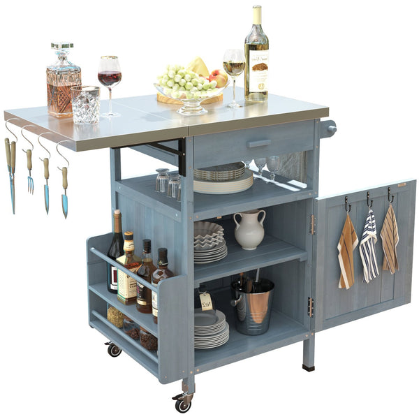 English Elm K&K 40.5" Outdoor Grill Cart with 201 Stainless Top, Solid Fir Storage, Drop Leaf & Lockable Wheels Blue+Grey N707P228272G