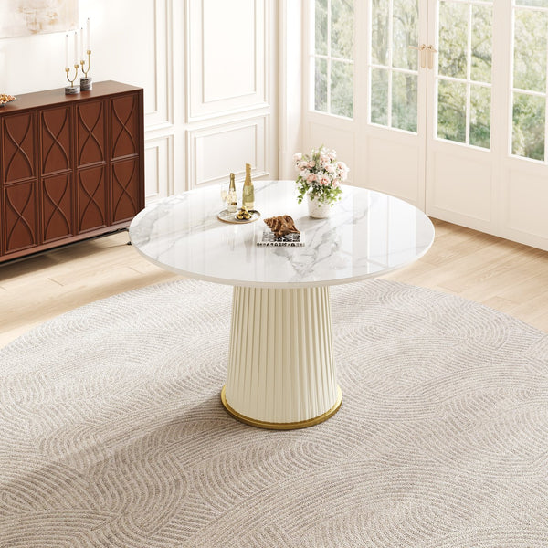 English Elm Modern 43.3" Round Dining Table with Glossy Sintered Stone Top, Pleated PU Leather Pedestal, Stable Adjustable Feet W3456S00054