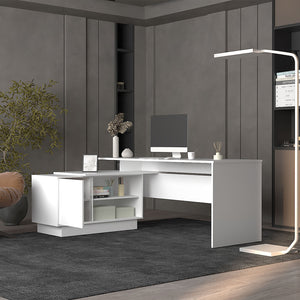 English Elm Emery L-Shaped Desk 70.5" Right-Wide Corner Workstation with Cabinet, Shelves, Sleek White Design B070S00338