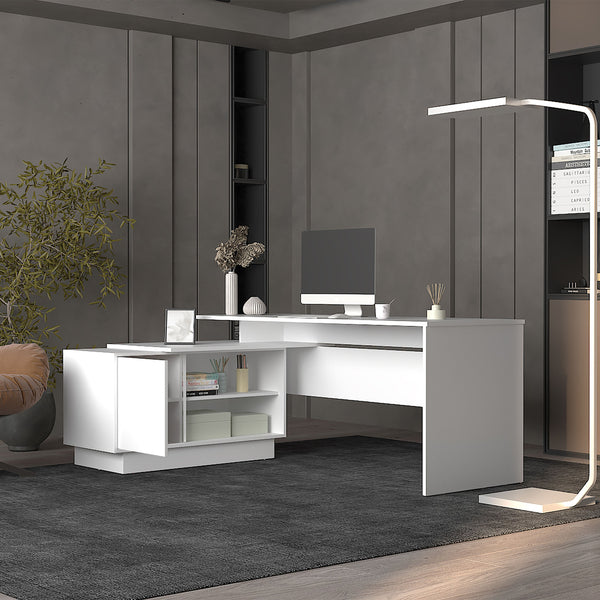 English Elm Emery L-Shaped Desk 70.5" Right-Wide Corner Workstation with Cabinet, Shelves, Sleek White Design B070S00338